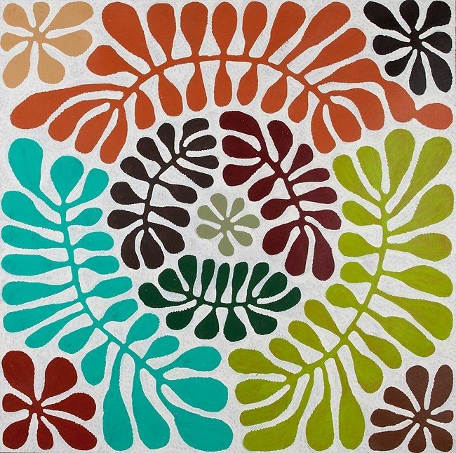 Painting with symbolic stylised different coloured leaves or plant shapes which swirl into a circular pattern 