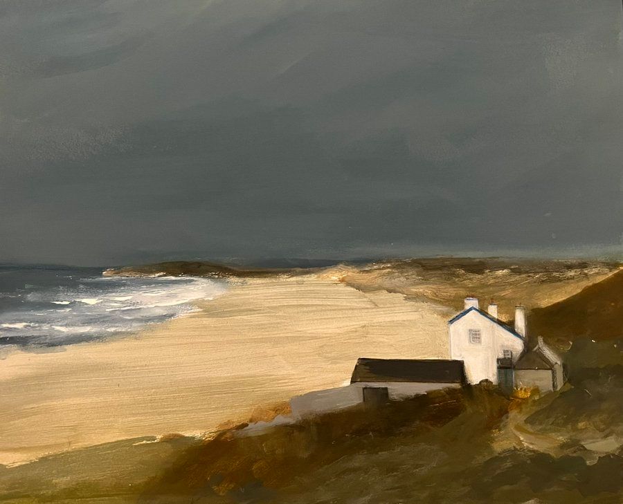 Painting of a curving golden sandy beach under a stormy inky sky with white house to the right and sea with white waves to the left