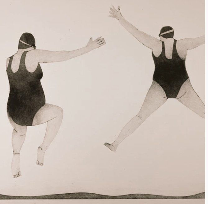 Print featuring two white women in dark bathibg suits and swim caps leaping happily in the air against a white sky about to jump into the sea or a lake