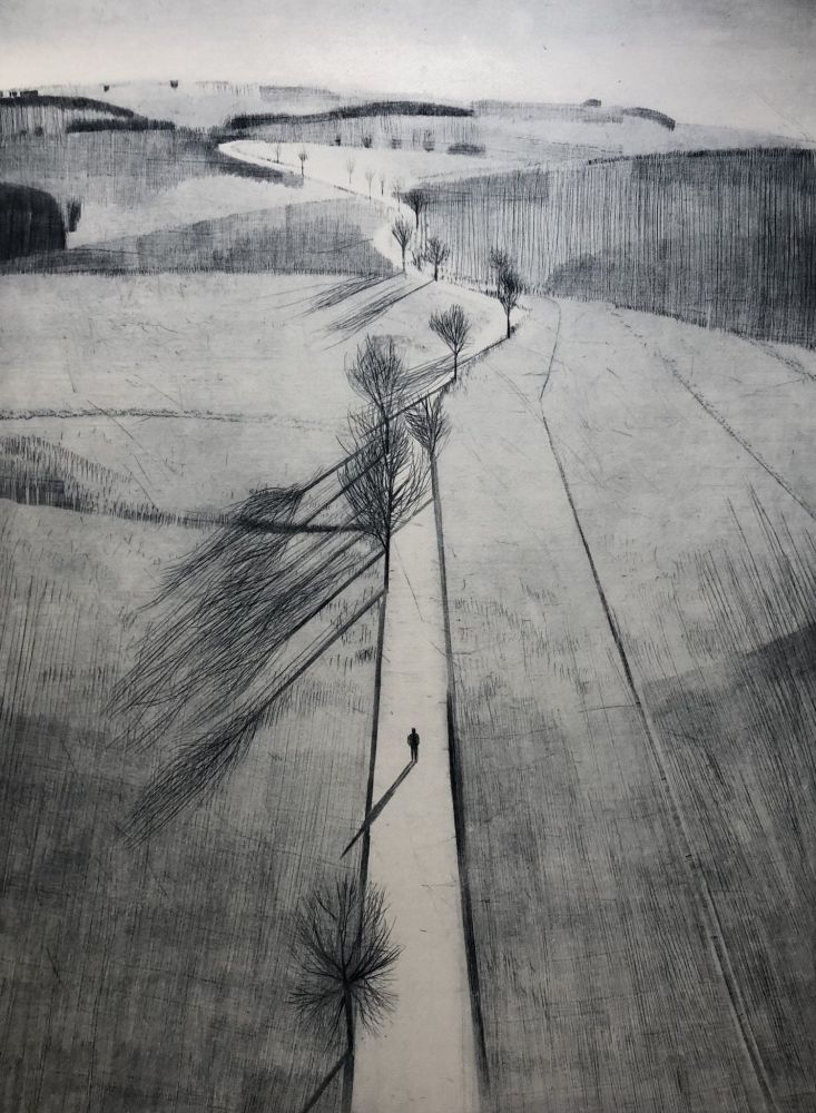 Sketch-like artwork featuring a view looking down to a central road in a rural area which stretches into the distance and on which a tiny figure walks