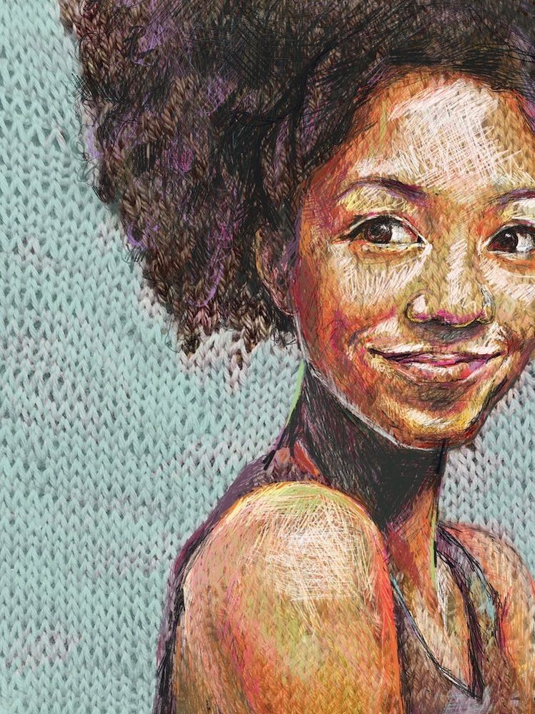 Textile knitted, sewn and painted artwork featuring the head and shoulders of a young Black woman or girl facing rightband looking outwards smiling, wearing a grey vest top and against a pale green blue background 