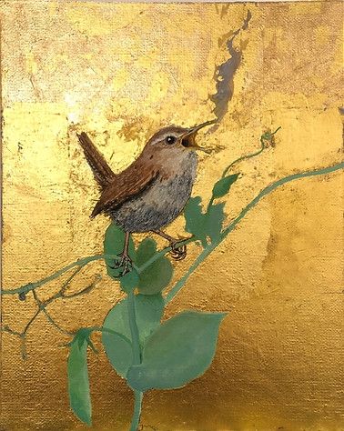 Painted artwork of a small bird with beak open perched on the stem of a green plant against a gold background 