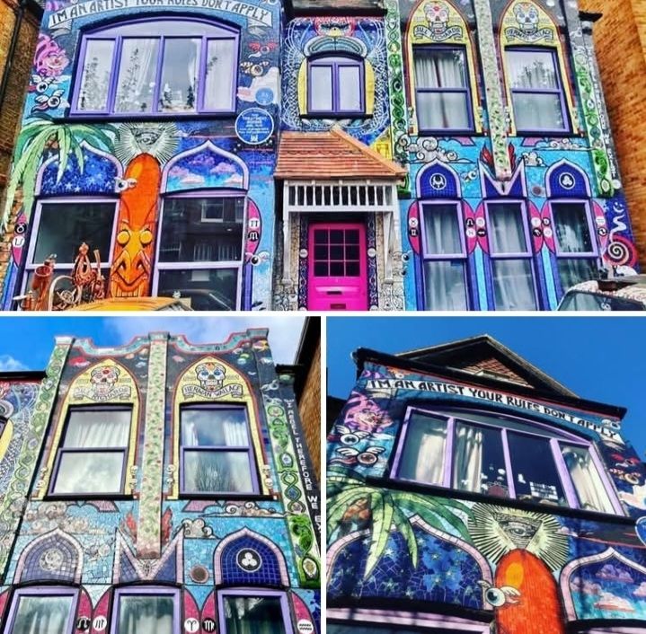 Three photos of parts of a house covered in vivid coloyrful mosaic tiles with designs of images and texts