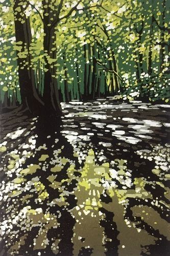 Print featuring a woodland scene with dappled sunlight