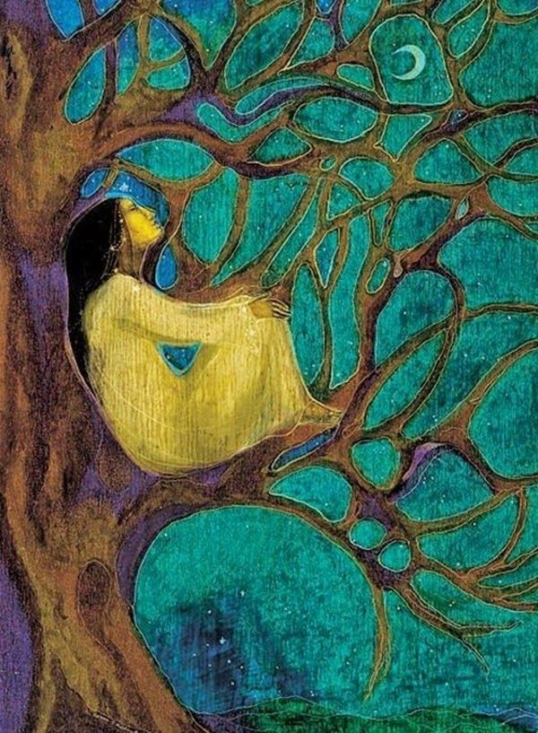 Painting featuring a woman with long dark hair wearing a long yellow robe sitting in a tree watching the sky and a cresent moon