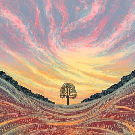 Colourful print featuring a silhouette of a large tree in the valley between two rising slopes either side, under a streaked pink and yellow sky