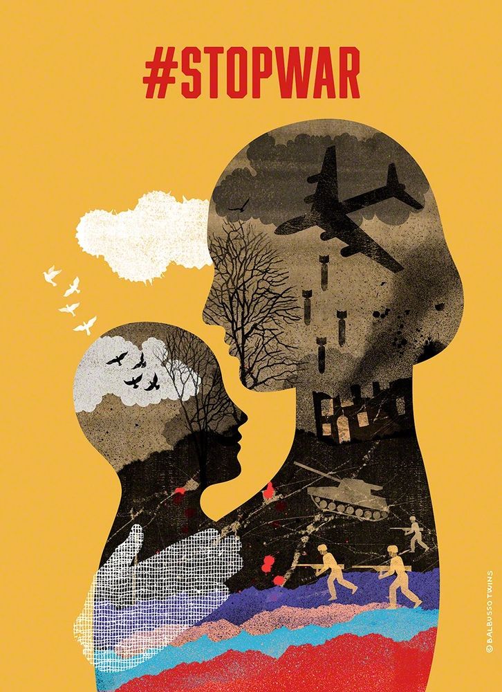 Poster with the text "stop war" above a silhouette of woman holding a child, head and shoulders, encompassing images of warfare