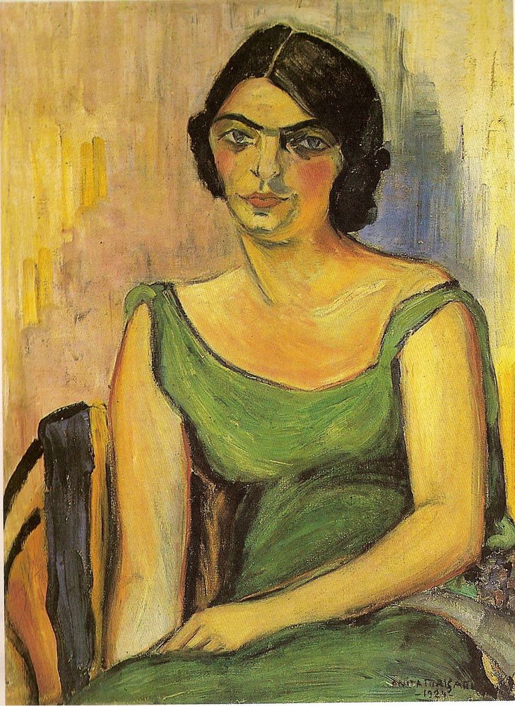 Stylised portrait of a seated woman in a green dress facing forwards 