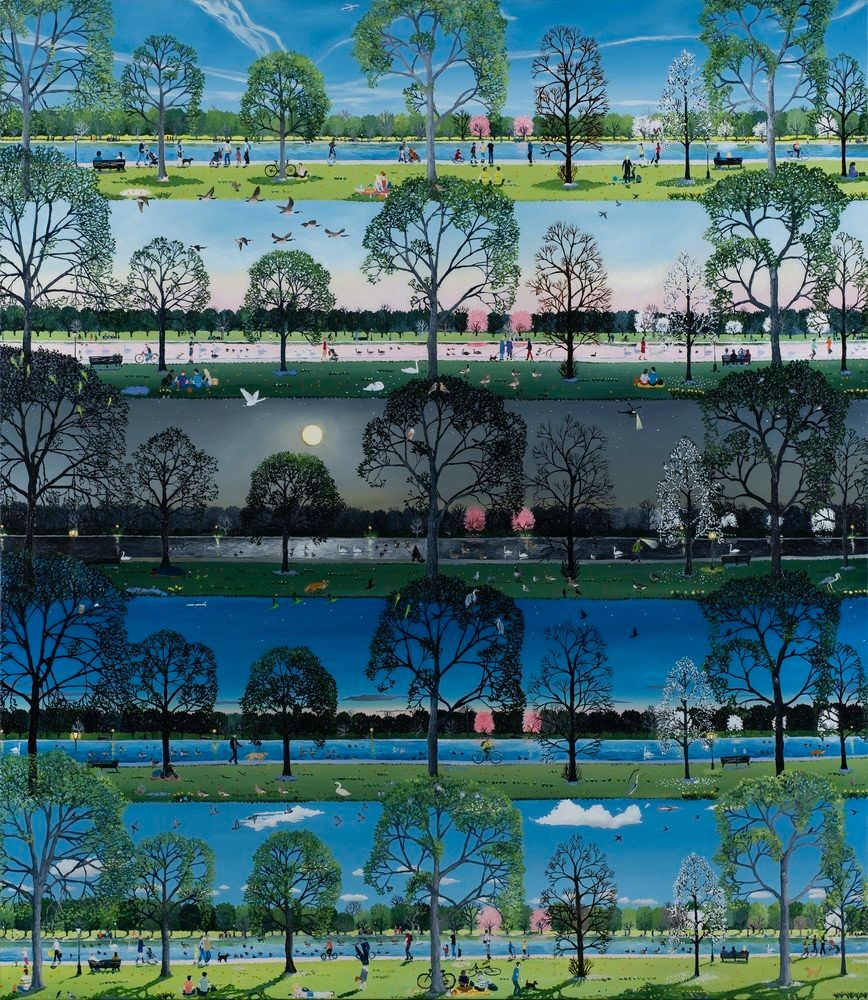 Painting with a series of images, one above the other, showing the same scene of a park with grass trees, a pond, over a 24 hour period with xhanging light and changing interactions from people and animals 