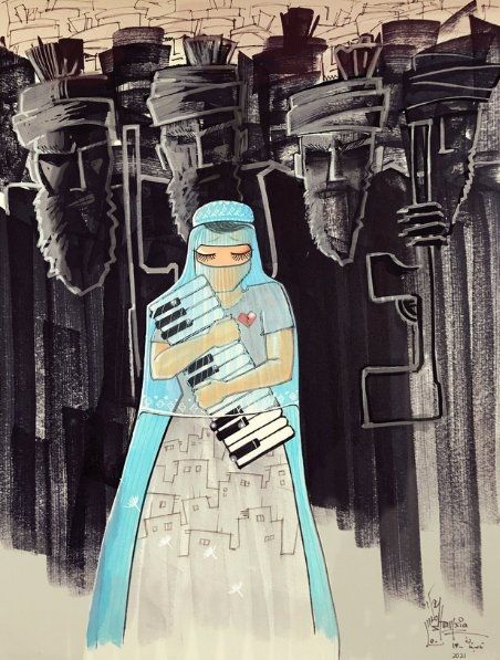 Mural featuring a woman in blue hijab standing holding a keyboard to her chest while a row of ominous looking men with guns in black stand in a row behind her