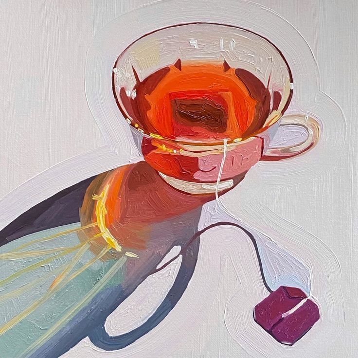 Painting looking down to a glass cup filled with a reddish tea and with teabag floating inside, the cup makes a shadow to the left on the white surface on which it rests