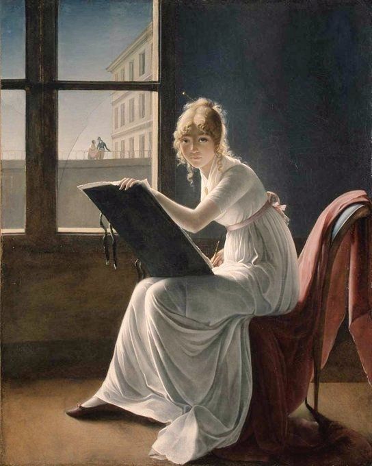 Painting of a woman sitting while in the of drawing, the subject is looking outwards, she wears a white dress and has fair hair, she sits in an interior with a window behind her, through which, in the distance a couple can be seen by a white building