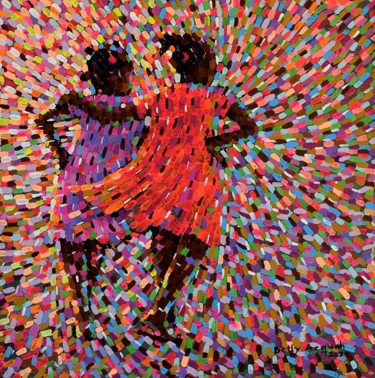 Painting created with dots and dashes in vibrant colours depicting two Black girls in red and purple dresses walking with backs to the viewer with arms round each other