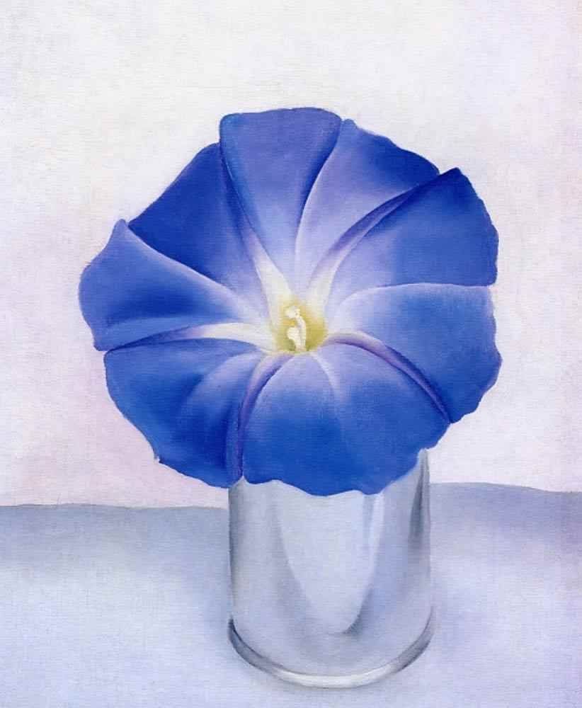 Painting featuring a single blue flower with white and yellow centre in a small glass on a bluish grey surface and against a pinky white background 