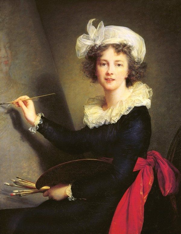 Painting featuring a standing white woman at work at the easel.painting with brushes and palette, the subject wears a white turban style hat, black dress with lace ruff and red ribbon belt, she looks directly outwards with a smile