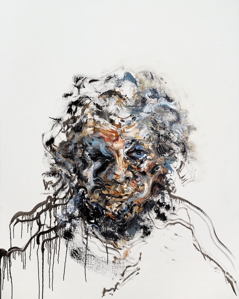 Portrait of stylised head and shoulders with complex distorted, unclear face, wavey hair against white backdrop 