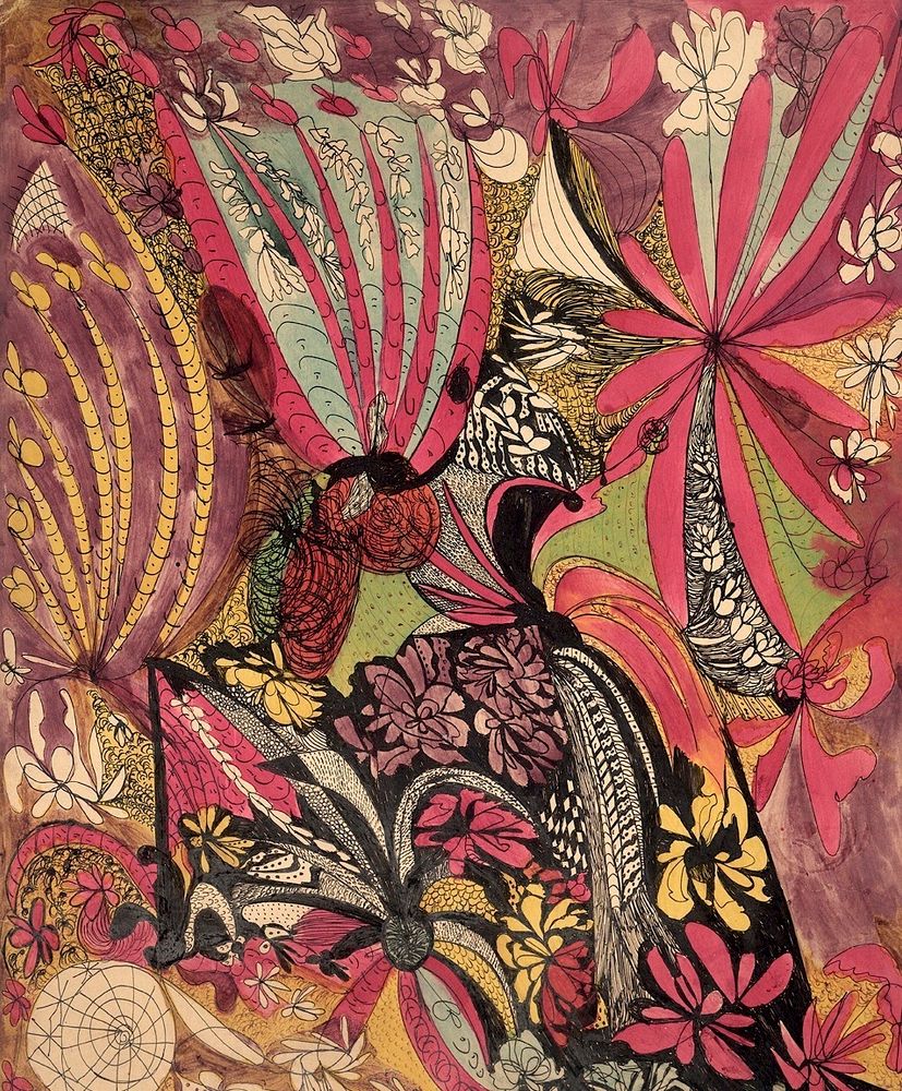 Abstract artwork with merging floral forms in red, pink yellow and black