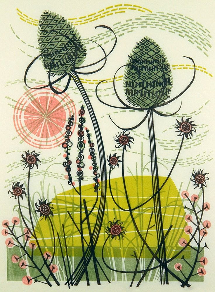 Print with stylised meadow flowers and seedheads in front of orange sun