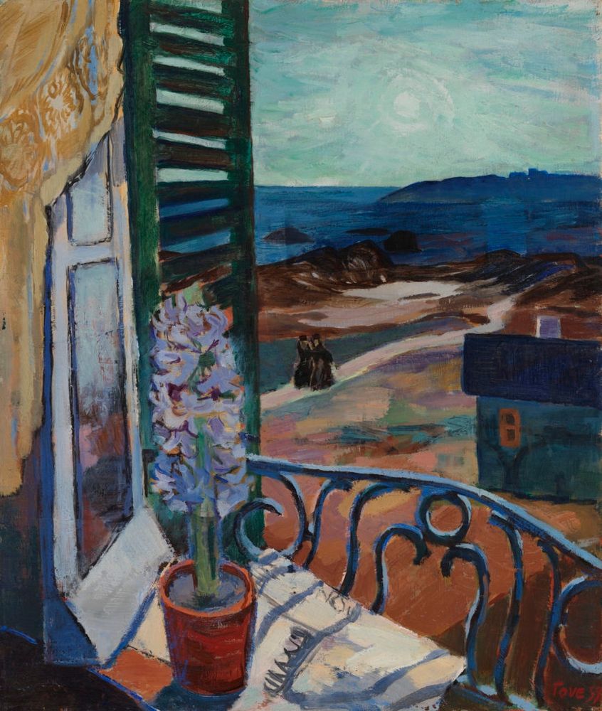 Painting of a view from a balcony over a landscape by the sea 