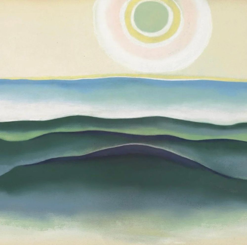 Stylised painting of sun rising over green hills and blue sea in the distance 
