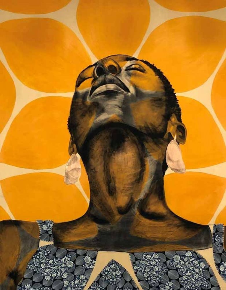 Print featuring the head and shoulders of a Black woman with short hair head tilted upwards with eyes closed against a gold patterned background 