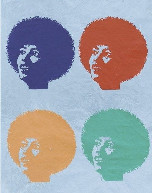 Prjnt featuring a repeated image of a Black woman's head with Afro hairstyle and looking left in different colours