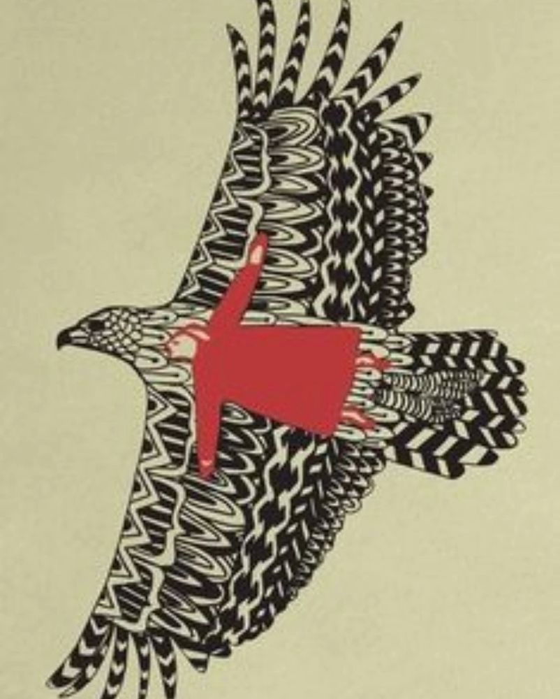 Artwork of a stylised bird with patterning in black in flight facing right with wings outstretched, under and attatched to it's body a small figure in a long red dress with arms outstretched flies too