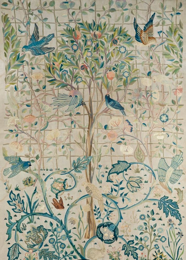 Textile artworks featuring a tree and flying birds on a cream background 