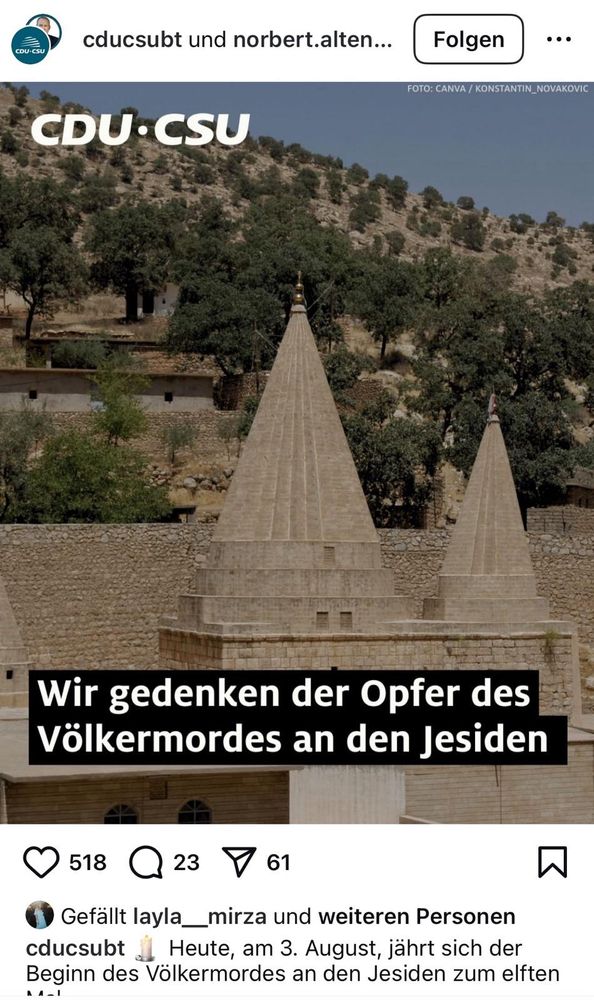 Instagram-Kachel der CDU / CSU zum 3. August 2025 mit einem Foto von Lalish in Kurdistan-Irak und der Aufschrift: „Wir gedenken der Opfer des Völkermordes an den Jesiden“