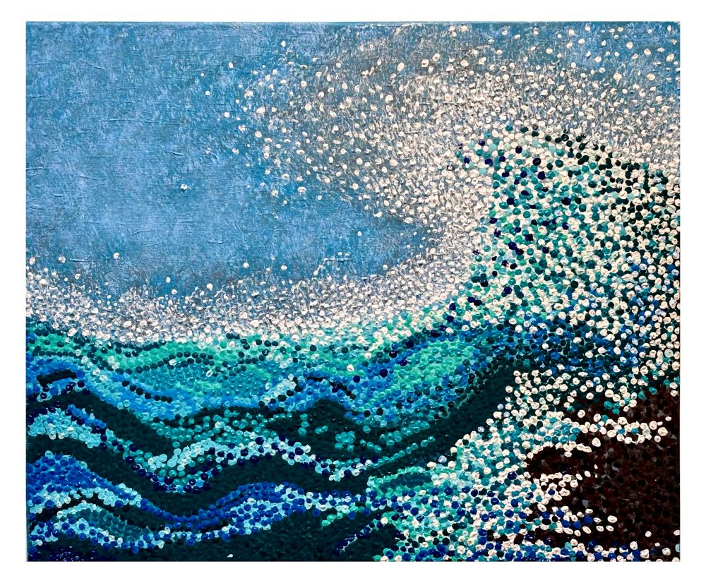 I’ve redone the original sky on this piece as it looked flat, so this is the result.
Hopefully it’s an improvement as this one is quite specific topic wise which I’m a bit ambivalent about, but I love the fluidity of the waves😊
One of my pieces in which I’ve painted an ocean wave cresting using dot work in blues greens whites greys and browns. 
#Art #Painting #Australia #acrylics #Photo #artist #EastCoastKin #Photography #BlueSky #ArtYear #PhotographersUnited 