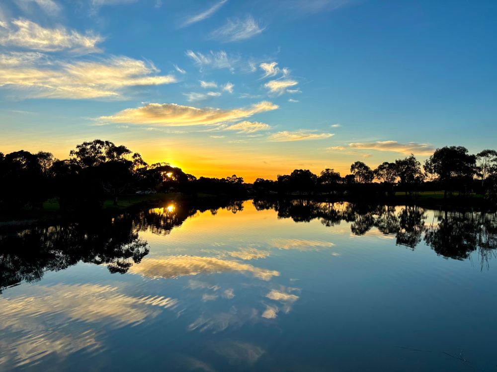 Back to the blues. Wishing everyone a joyful Sunday 💙 Image of the setting sun over the lake with a few small clouds off to the left hand side reflecting on the water below and the golden sunset making the water look like liquid gold. #Stunday #Photography #Australia #sunset #EastCoastKin #landscape #writer #artist #PhotographersOfBluesky 