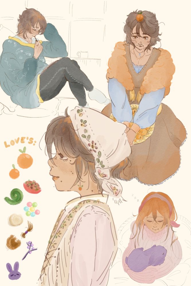 a drawing of a little guy sitting at a window, another one holding a basket of oranges, a third staring stage left at, um, more oranges. also holding a purple bunny i wonder who that represent ooooo woahhh gay probably. 