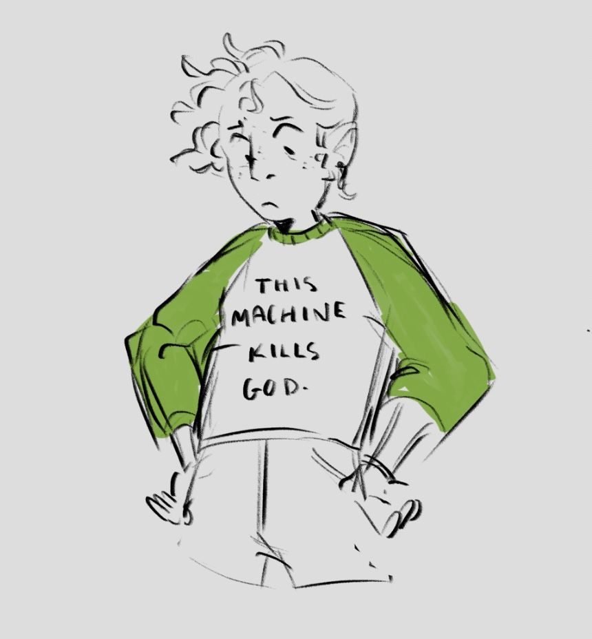 erlin looking dismayed and confused down at his shirt, which reads "this machine kills god"