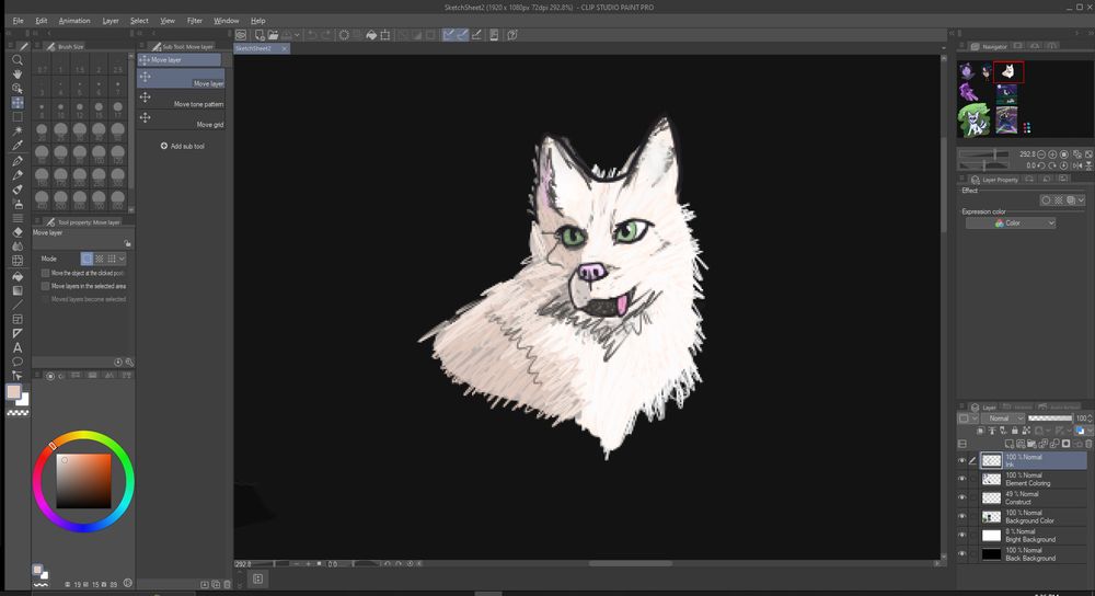 A painterly style shading sketch of a snowfox with green eyes and it's tongue blepped out to one side.