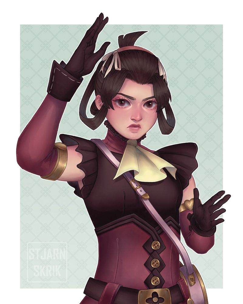 Painting of Susato from The Great Ace Attorney in one of her DLC outfits, which consists of a corset, dark sleeveless top with frilly shoulders, long gloves, a backback and a neck kerchief. She is doing her fighting stance with a determined look on her face. The background is green with a faded pattern in it.