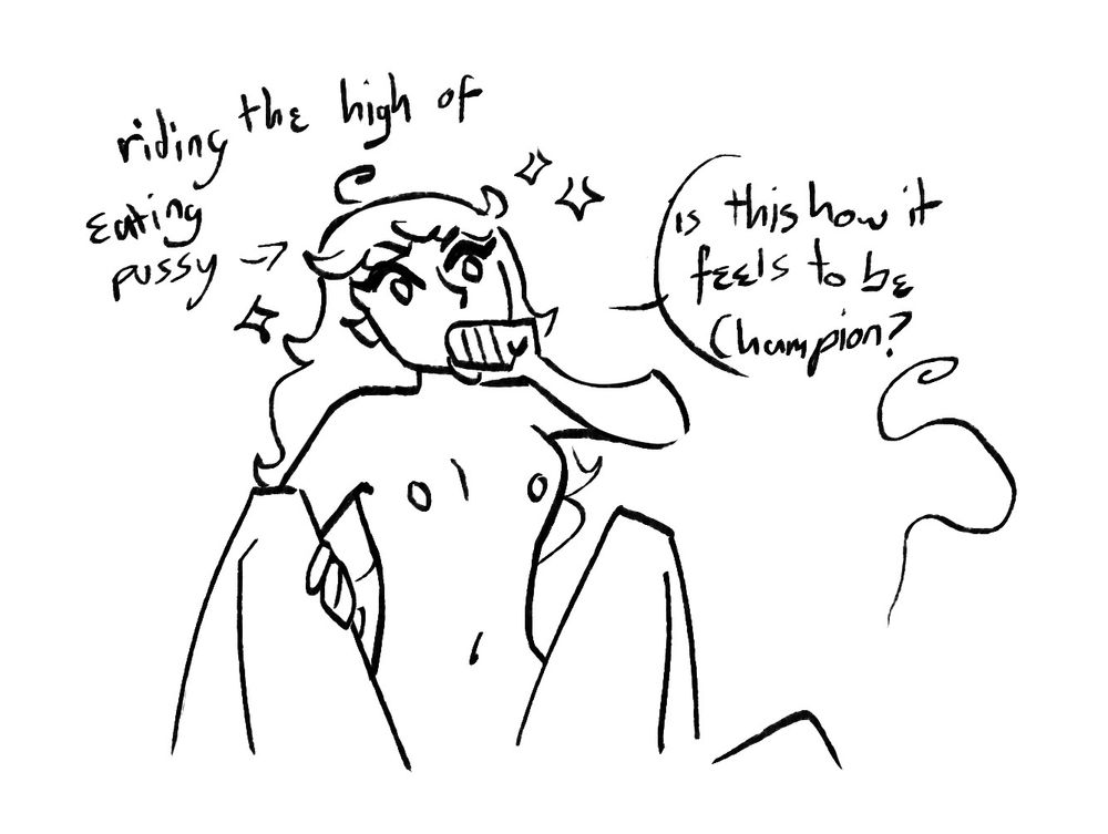 Artwork of Diantha between Malva's legs, with an arrow pointed towards her reading "riding the high of eating pussy". She is surrounded by charmed sparkles, saying "Is this how it feels to be Champion?"