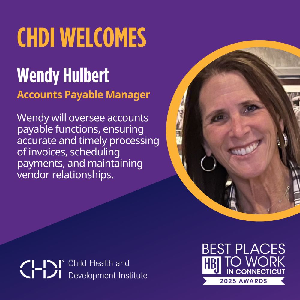 Graphic with photo of Wendy Hulbert and text reading "CHDI welcomes Wendy Hulbert, Accounts Payable Manager. Wendy will oversee accounts payable functions, ensuring accurate and timely processing of invoices, scheduling payments, and maintaining vendor relationships."