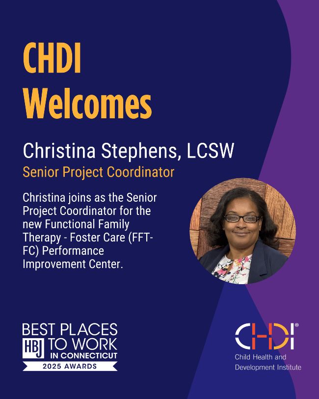 Graphic reading "CHDI welcomes Christina Stephens, LCSW as Senior Project Coordinator." With Christina's photo and similar text as post caption.
