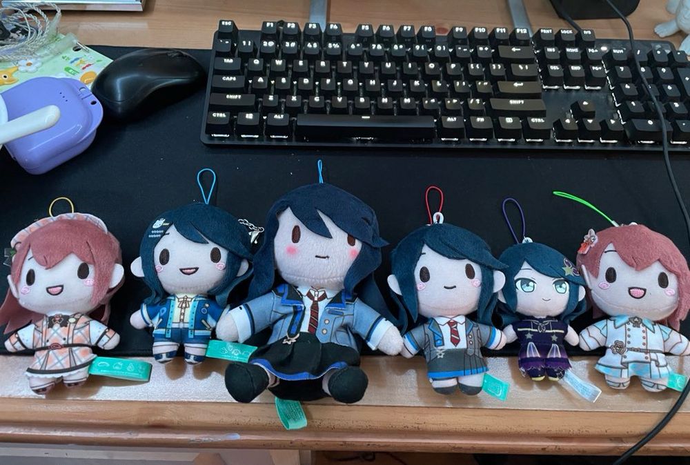 Various plushies of Minori Hanasato (1st and 6th) and Ichika Hoshino (2nd-5th) in a line, wearing different costumes based on outfits in Project Sekai: COLORFUL STAGE!