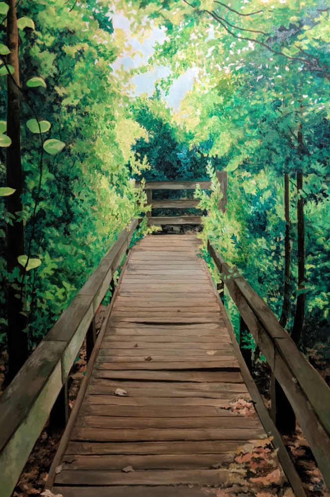 An oil painting of a boardwalk through a vibrantly green, overgrown forest bursting with life.