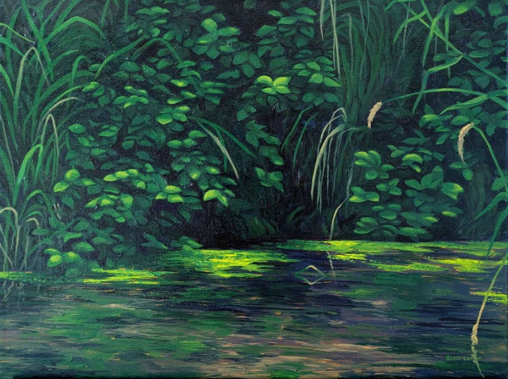 An oil painting of dappled light on leaves and aquatic plants along a stream. Cool greens and purples contrast with bright yellow where the sun filters through the brightest.
