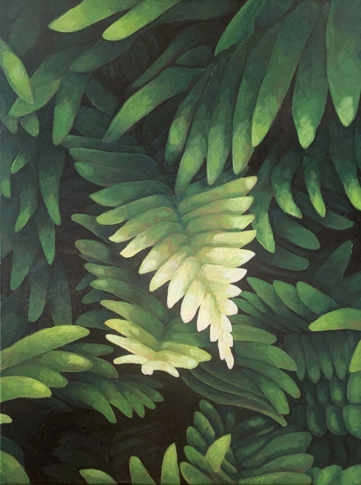 Lush green fern fronds emerge from black shadows, fading to light green, almost white, where the light on them is brightest. 

This is the second time I've painted from this reference, maybe I'll show how much improved over the last decade or so soon...