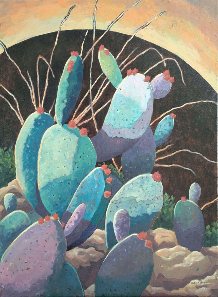 An oil painting of stylized prickly pear cacti in blues and purples. The pads are nestled between rocks and there is grass and small green plants in the background. The backdrop is a black circle with yellow and orange surrounding it.