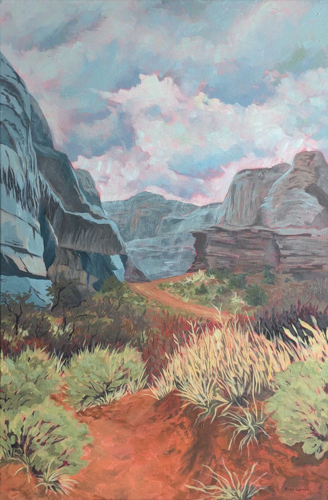 An oil painting of a trail on a rainy day, with the rain bringing out the vibrant colors of the rocks and earth.