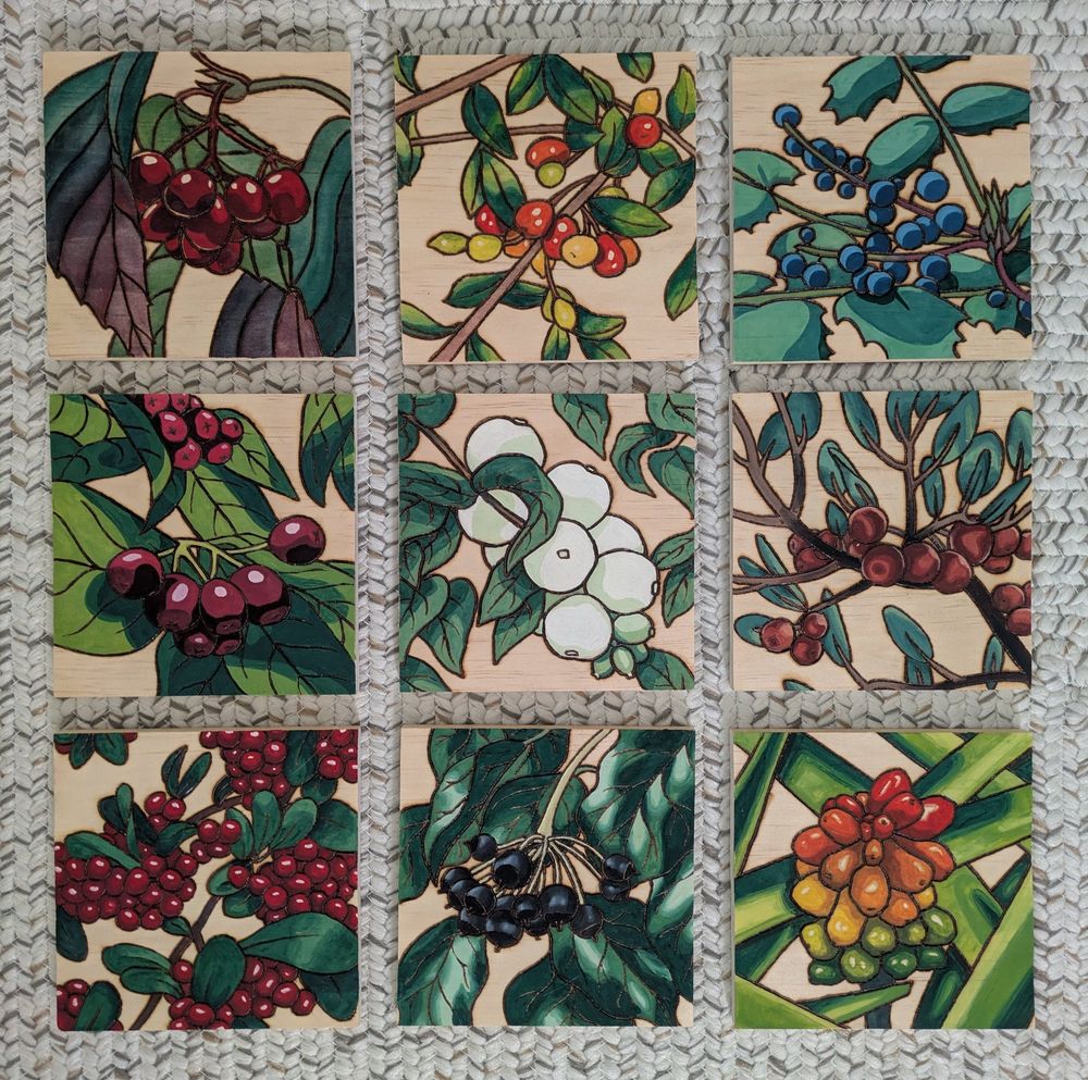 A set of nine paintings on wood panels depicting berries of many species in vibrant colors using watercolor and a wood burning pen.