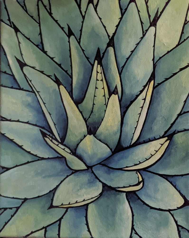 The most stylized piece of the group, this agave has black outlines of its leaves and spines. The plant is a light blue, fading through to a pale green at its brightest points.