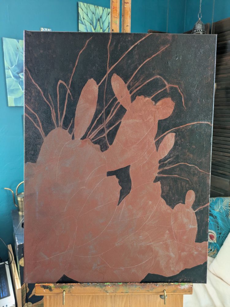 A painting (style study of Anthony Hurd's work) in its beginning stages. There is a red underpainting, with a layer of black outlining the focus of the painting- prickly pears with grass behind them.