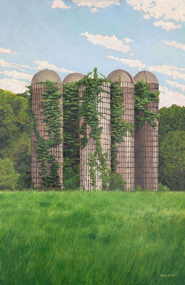 Five silos standing in a field of grass, in a state of disrepair and covered in vining poison ivy. The sky is blue with light puffy clouds. There are trees in the background.