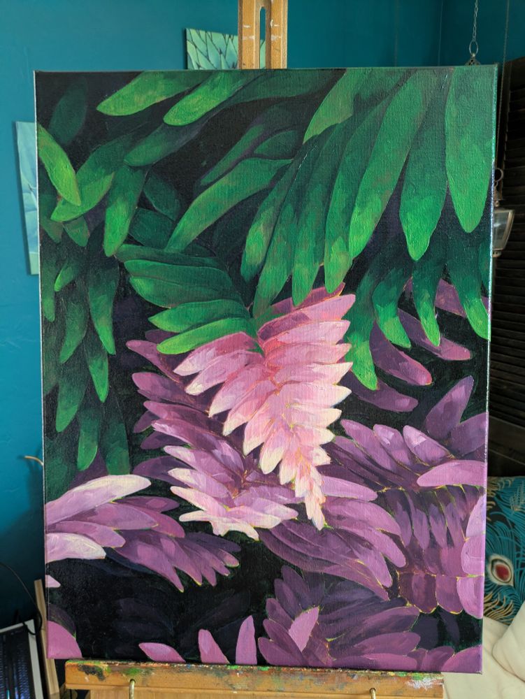 A laughing in progress of some ferns, half with a purple underpainting and half with green tones. I might have to paint this again in purple...