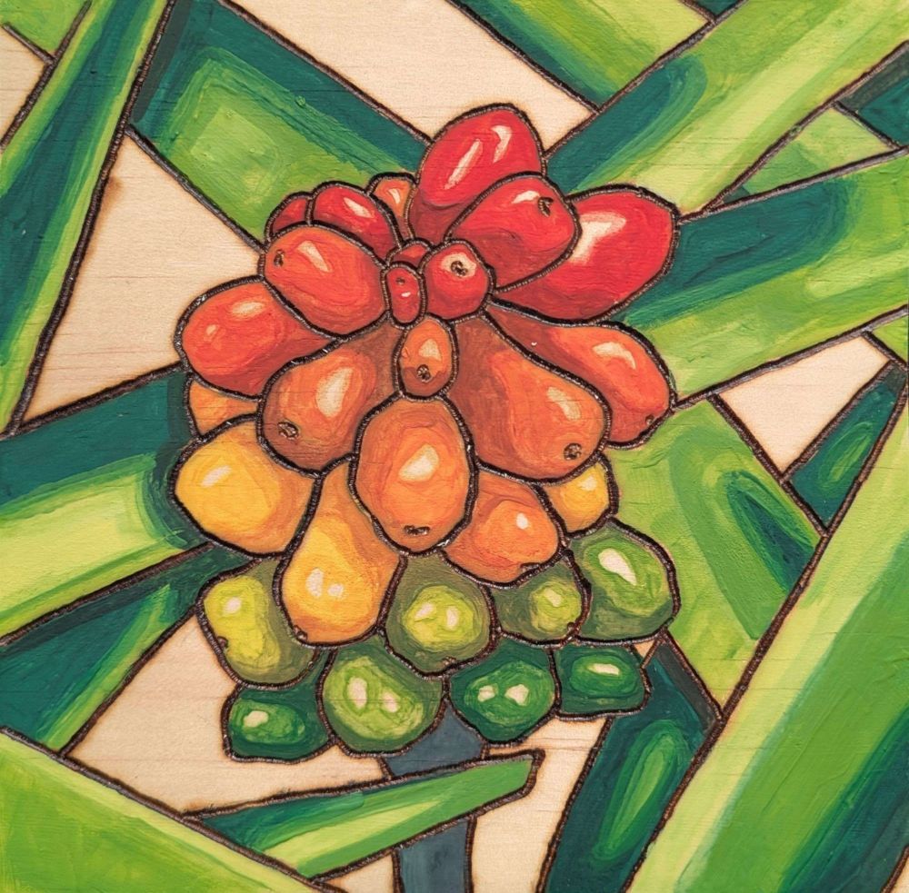 A wood burning of a fruiting lords-and-ladies (Arum italicum I think?) colored in vibrant watercolors, fading from green through yellow and orange to red as the fruits ripen.
